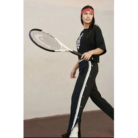 Free People Baby Got Track Black and Blue Pull Away Sweatpants Sz Medium High Wa - Picture 1 of 6